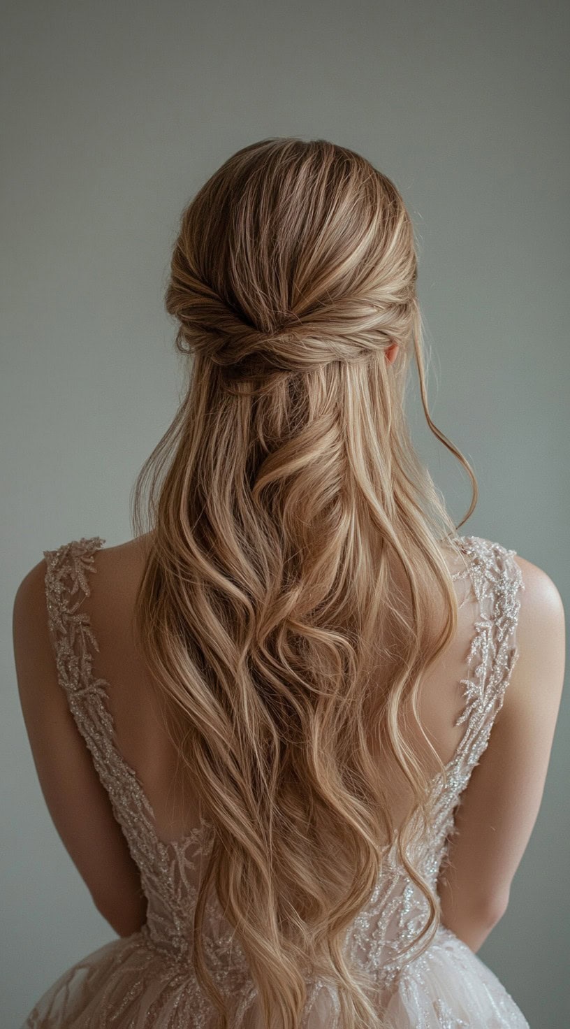 A rear view of a woman with a half-up twisted hairstyle, featuring loose, flowing waves, wearing a lace dress.