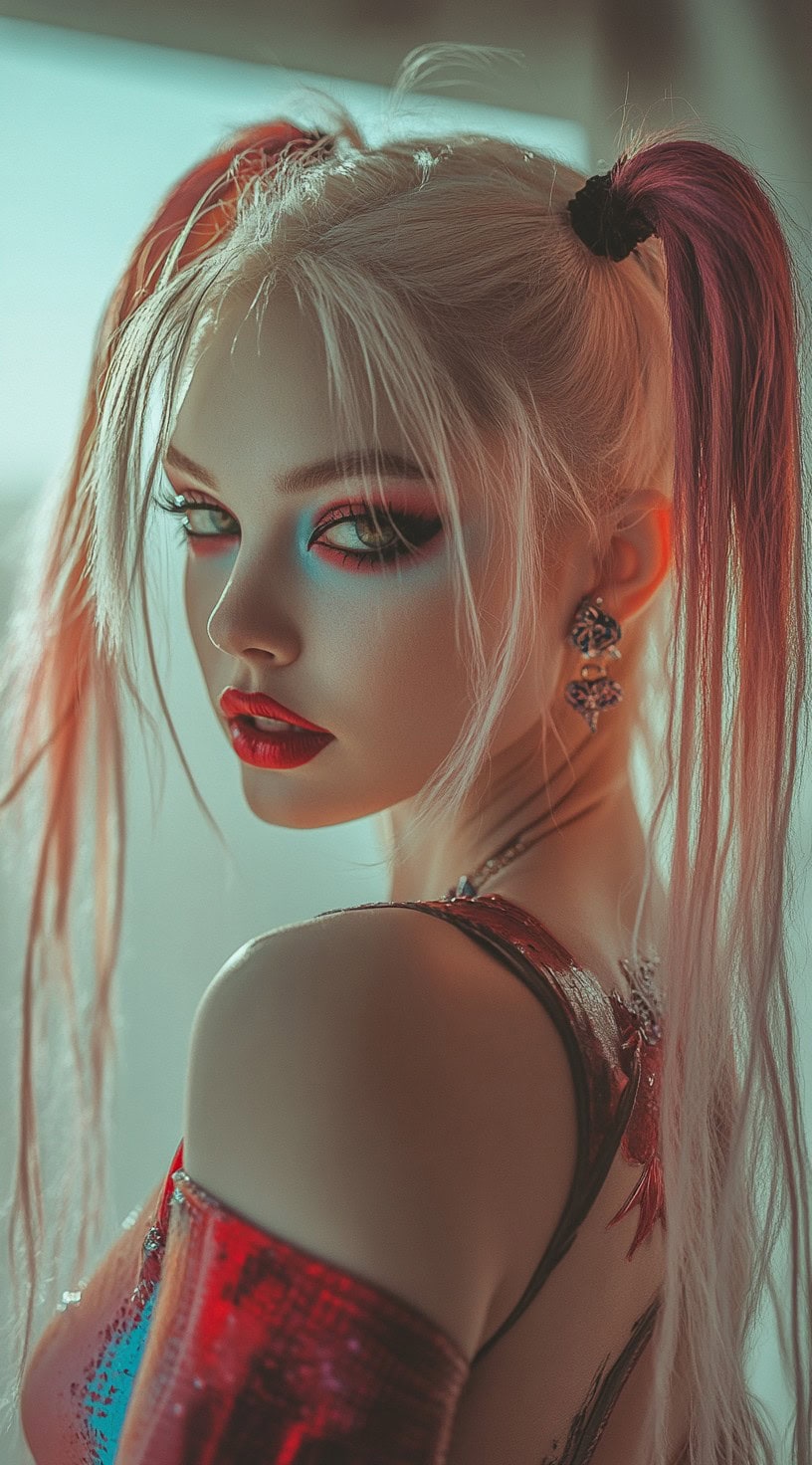 This image portrays a woman with platinum blonde hair styled in pigtails, dyed in vibrant colors.