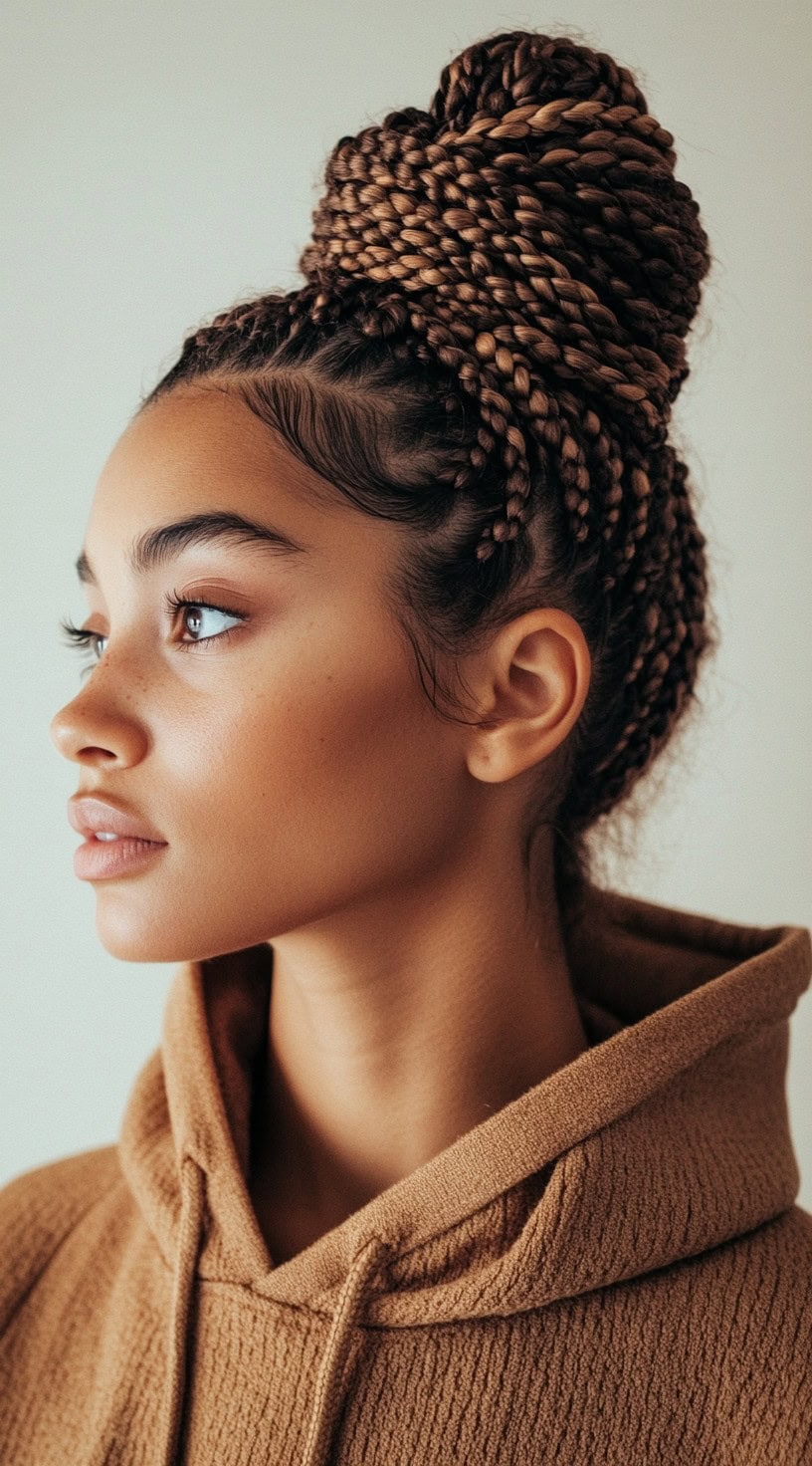 Side profile of a young woman with a high braided bun, wearing a rust-colored hoodie.