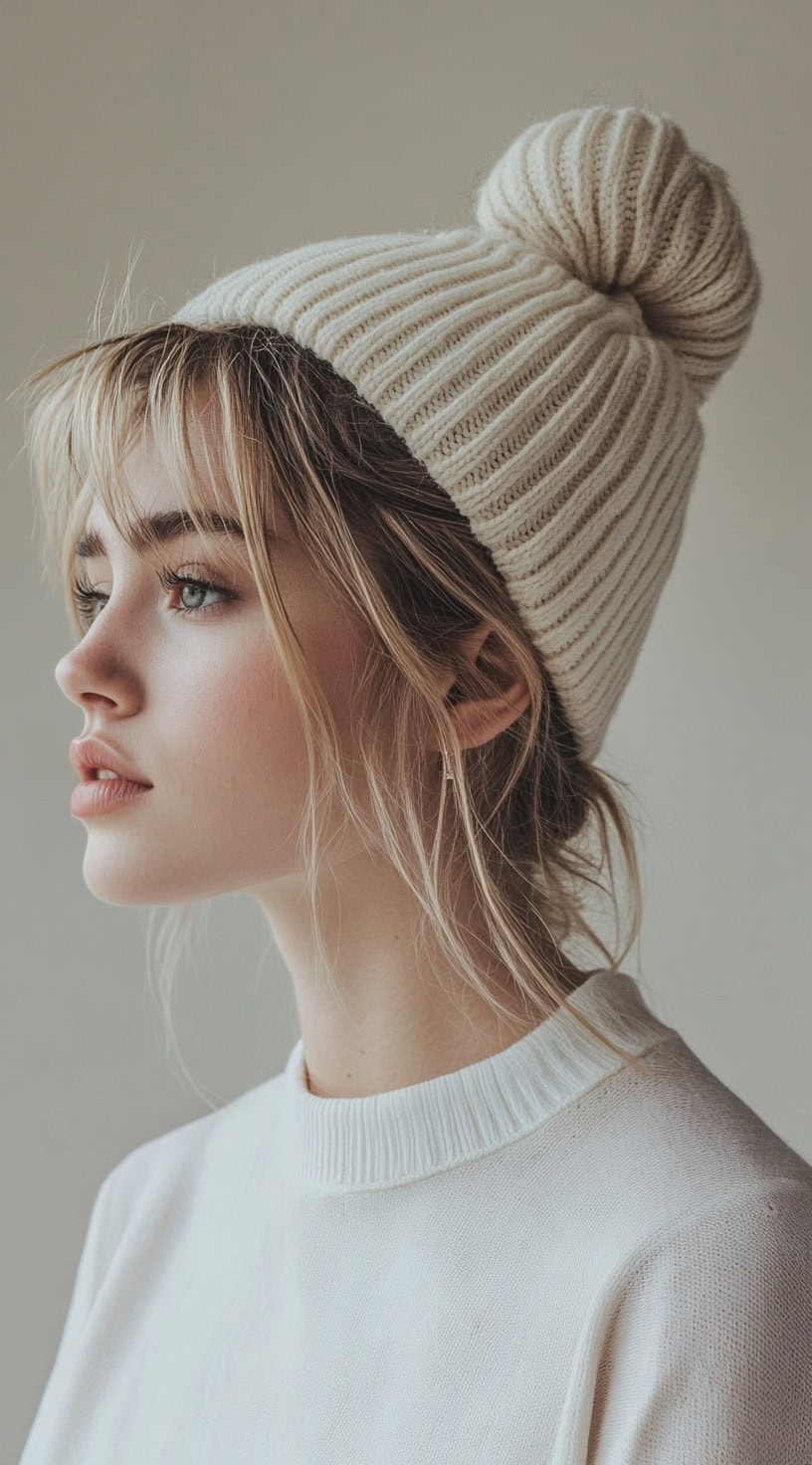 A young woman with a high bun neatly tucked under a white beanie, offering a sophisticated and practical style.