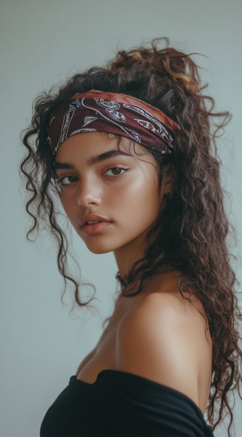 A woman with a high curly ponytail, accented by a bandana.