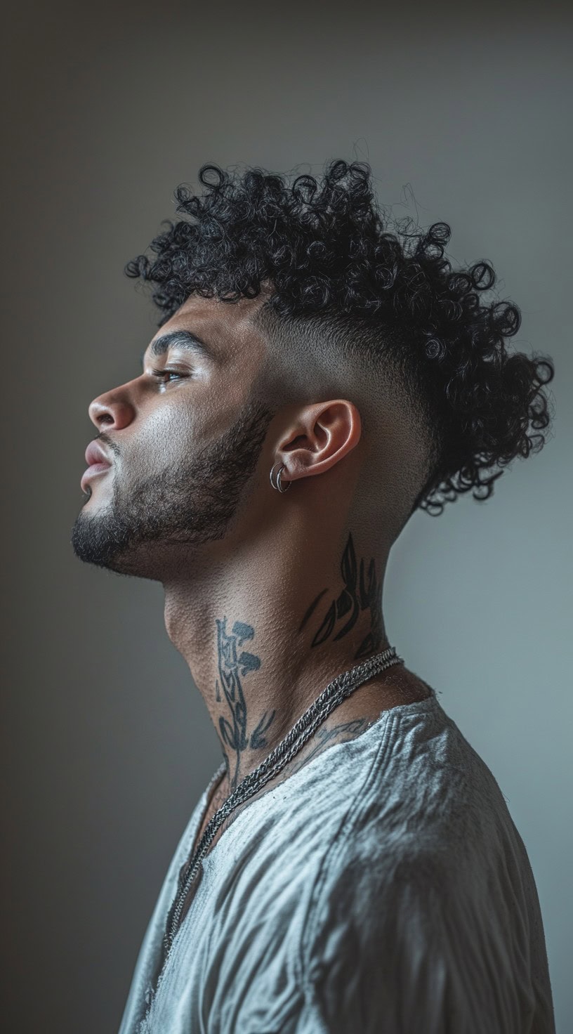 Side profile of a man with a high fade, undercut, and curly top, creating a bold and edgy look.