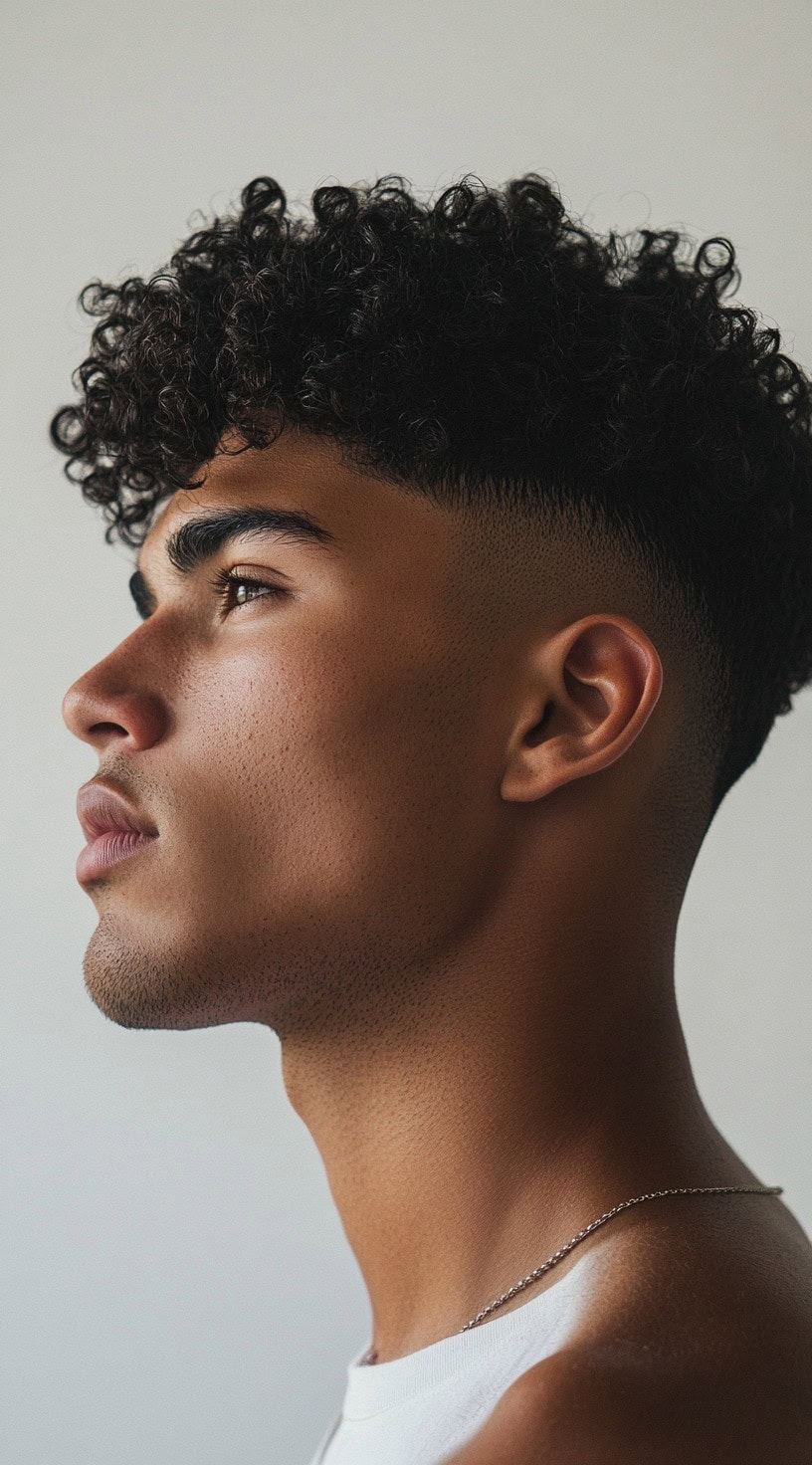 Side profile of a man with a high fade and well-defined curls, creating a polished and modern look.