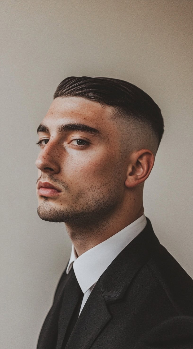 A young man with a high fade and slicked-back hair, wearing a suit.