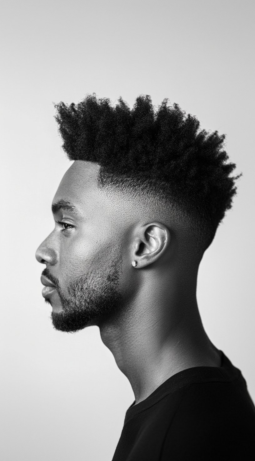 Side profile of a man with a high fade and textured curls, creating a striking contrast between the clean sides and the full top.