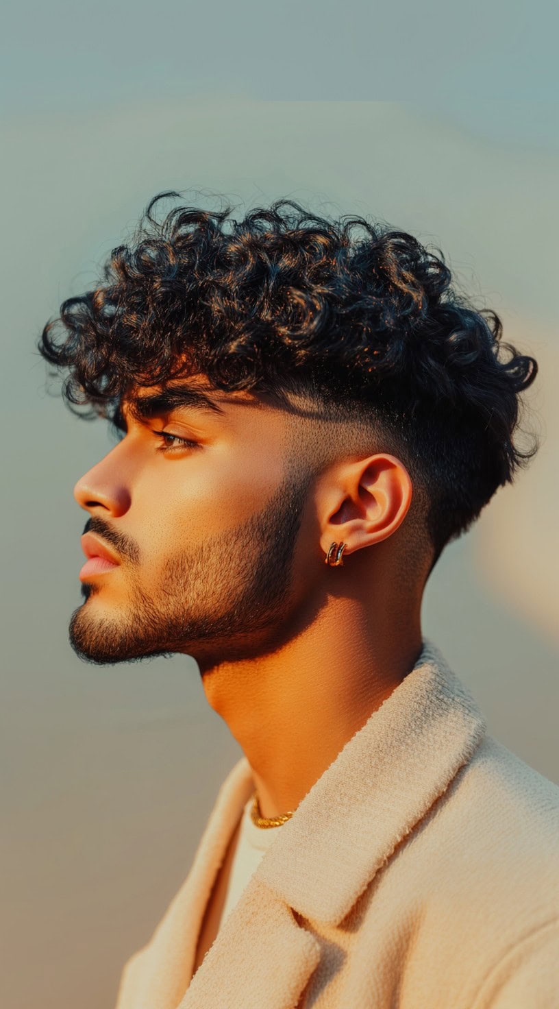 Side profile of a man with voluminous curls and a high fade, bathed in warm sunset light.