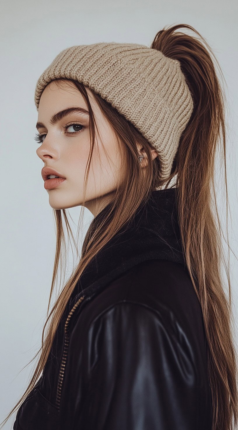 A young woman with a high ponytail and a beige ponytail beanie, exuding a sporty and stylish vibe.