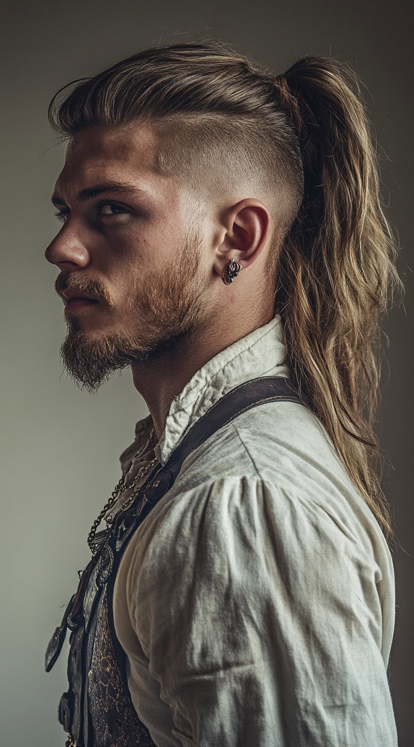 Side profile of a man with a high ponytail and fade undercut, wearing a white pirate shirt and leather straps.