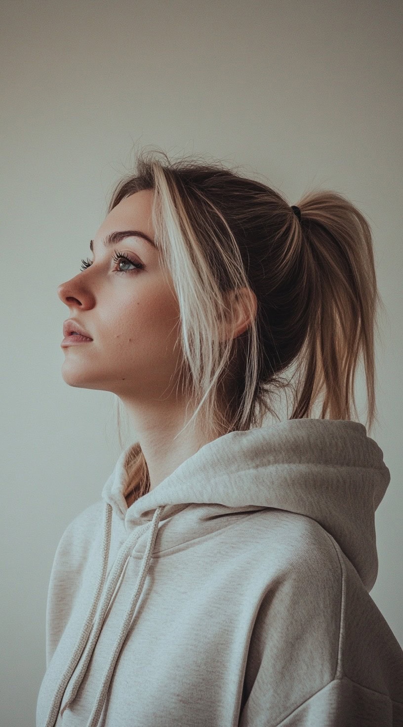 Side profile of a young woman with a high ponytail and loose strands, wearing a light grey hoodie.