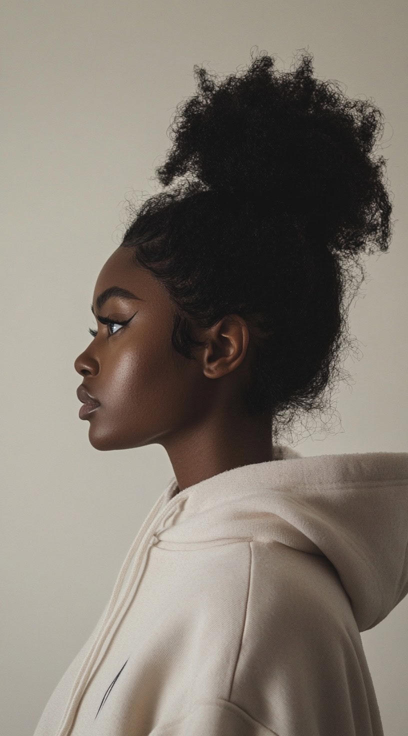 Side profile of a young woman with a high puff ponytail, wearing a light hoodie.