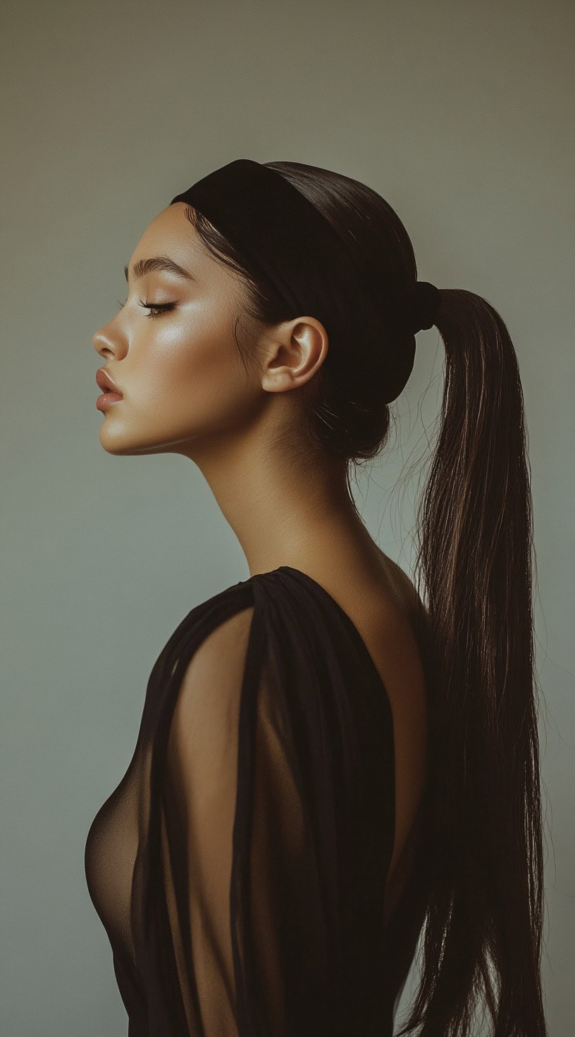 Profile view of a woman with a high sleek ponytail and a wide black headband.