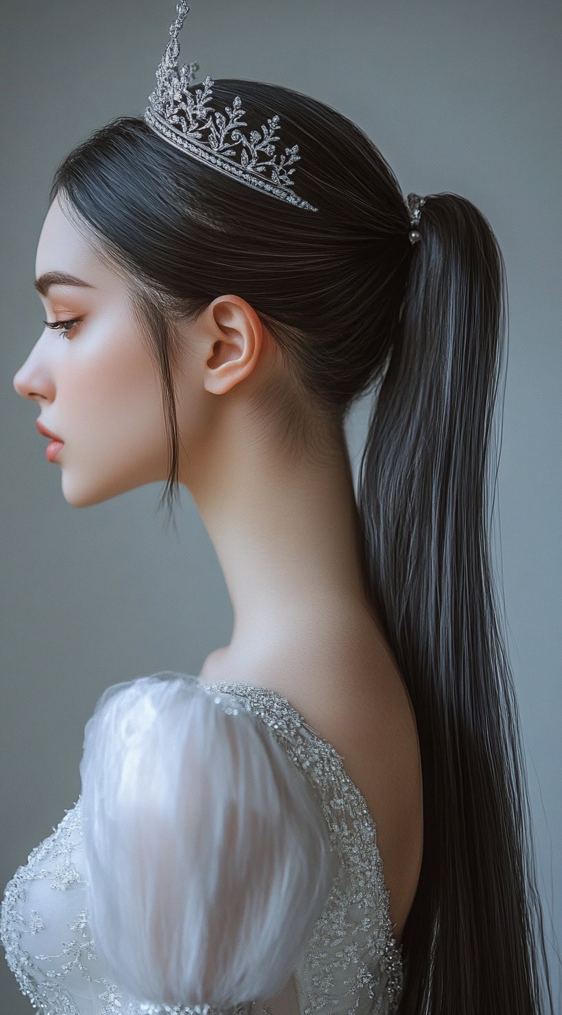 Profile view of a woman with a high sleek ponytail adorned with a sparkling tiara.