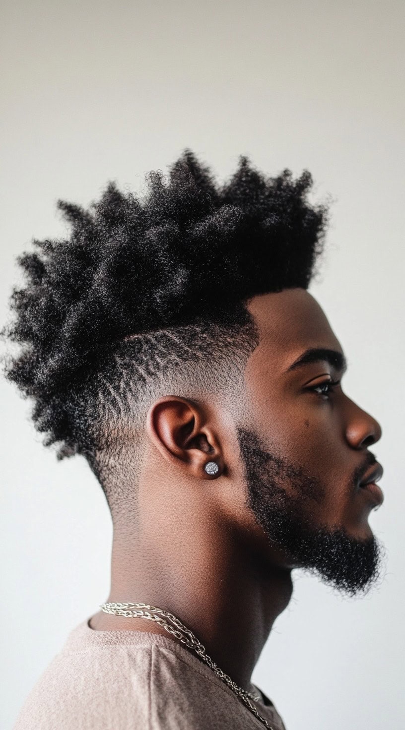 Side profile of a man with a high top fade and a geometric design etched into the fade, creating a unique and stylish look.