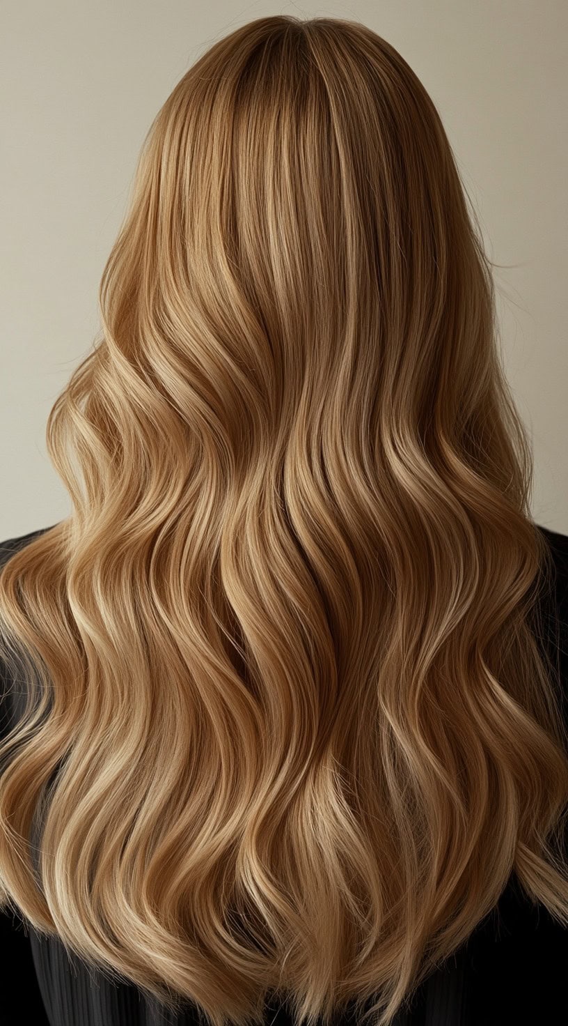 Back view of voluminous, wavy hair with honey blonde balayage on dirty blonde hair.