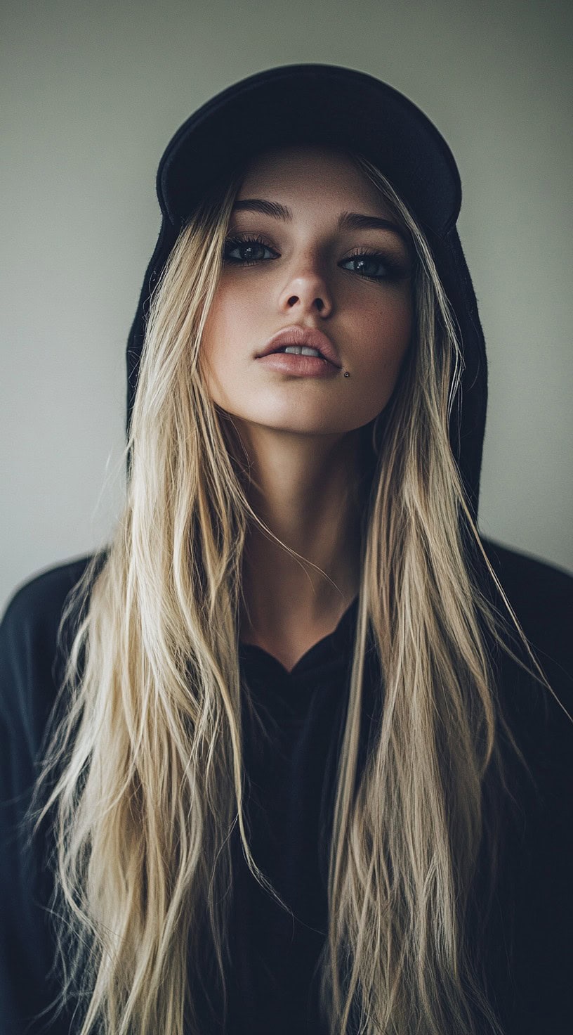 Front view of a young woman with long, straight hair under a hoodie and cap, her hair partially obscuring her face.