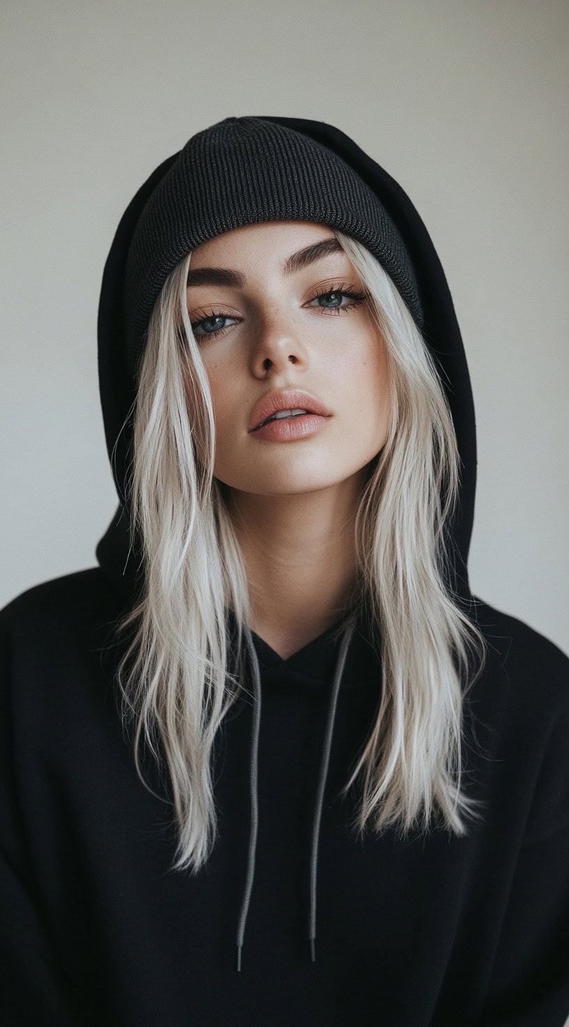 Front-facing view of a young woman with loose waves under a hoodie and beanie, wearing a black hoodie.