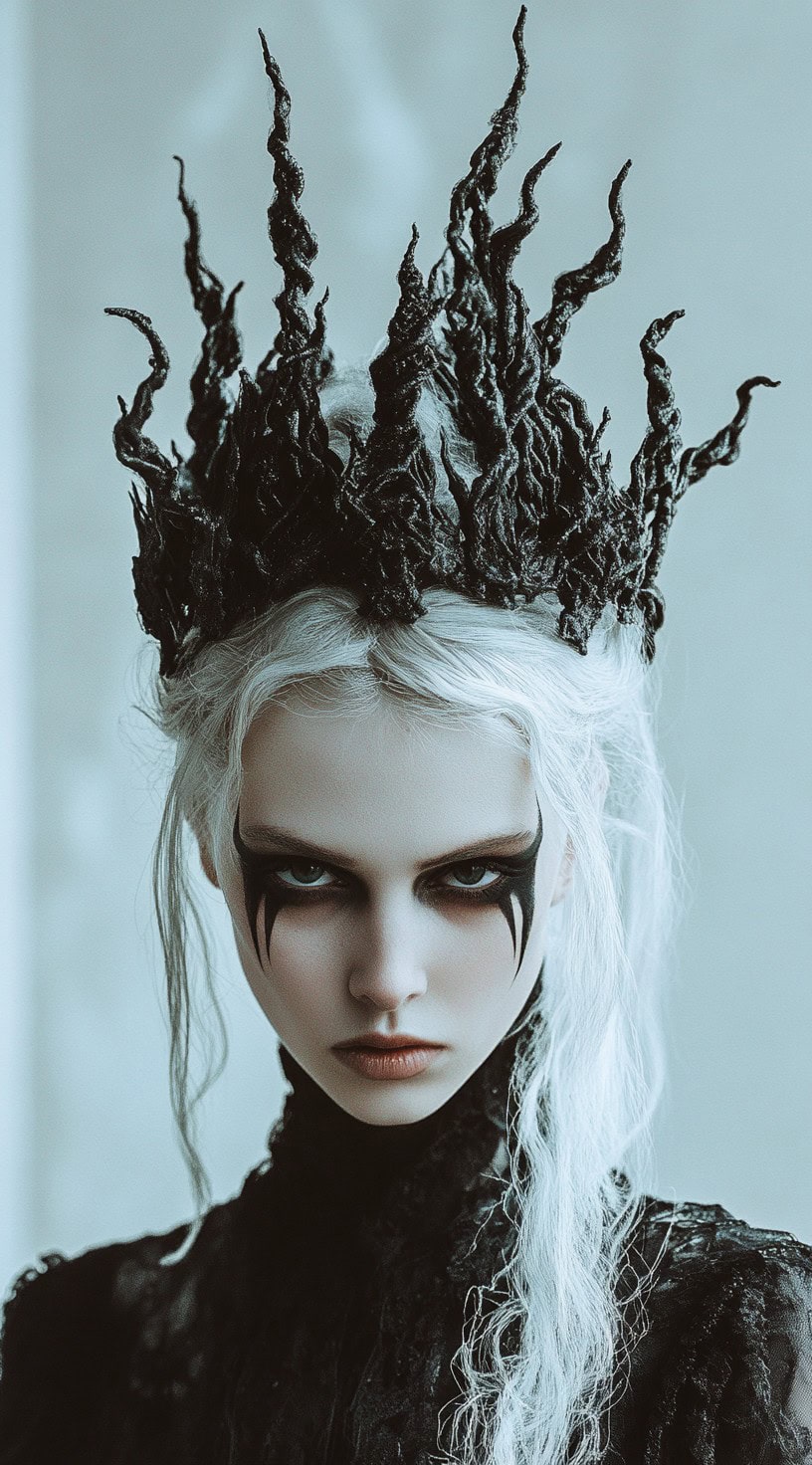 Front view of a woman with white hair styled with dark, horn-like accessories and vampire makeup.