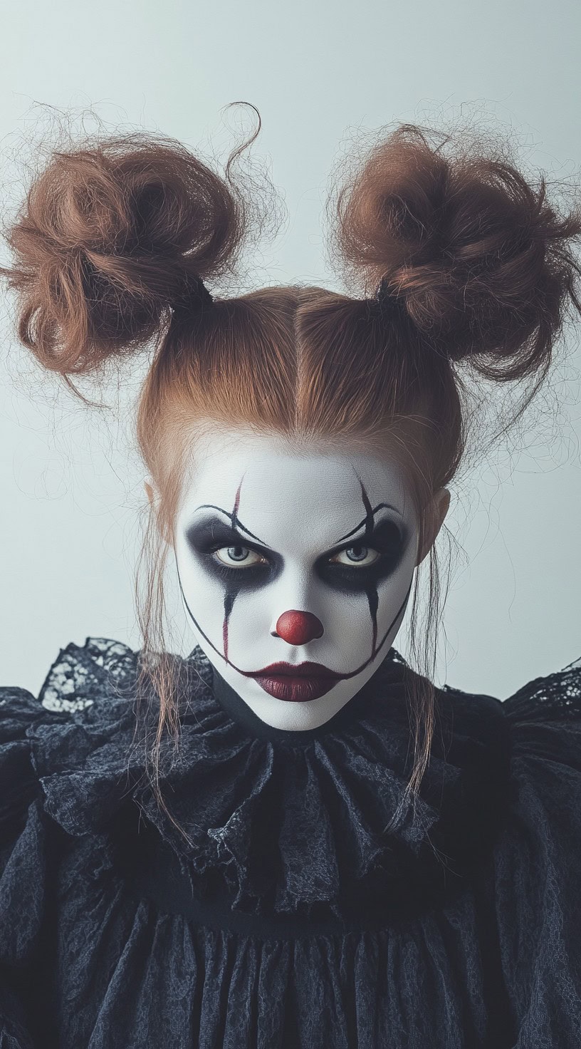 Hair styled into two intricate, high buns with clown makeup.