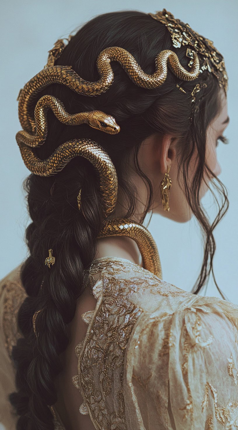 Side view of a woman with a thick braid interwoven with golden snake accessories.