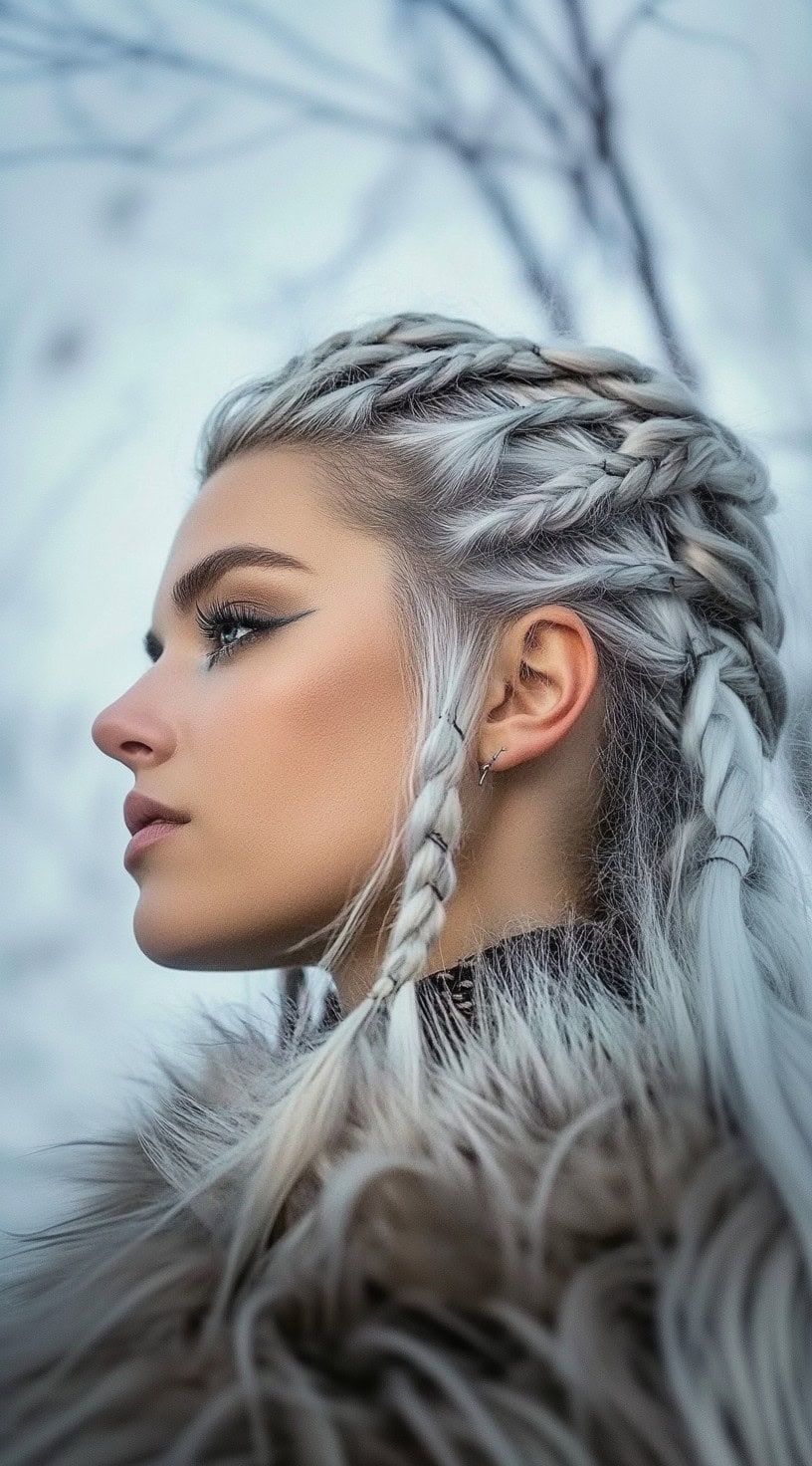 Intricate side braids on a woman with long, platinum blonde hair and a fur-lined outfit.