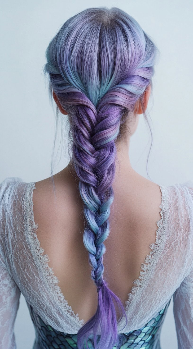 This image shows a person with lavender hair styled in a thick braid down the back.