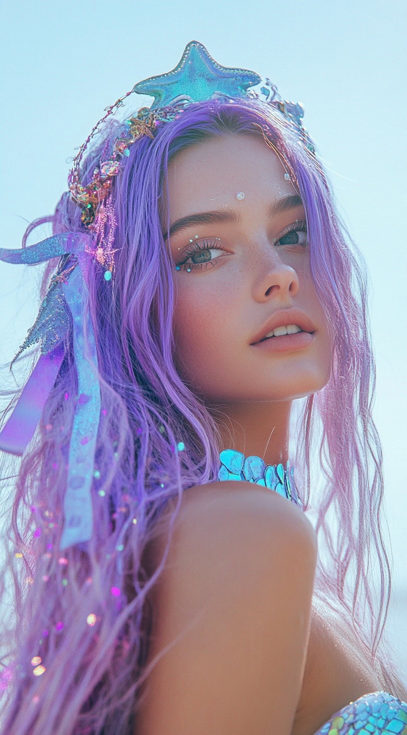 This image shows a person with lavender hair, styled with a starfish crown.