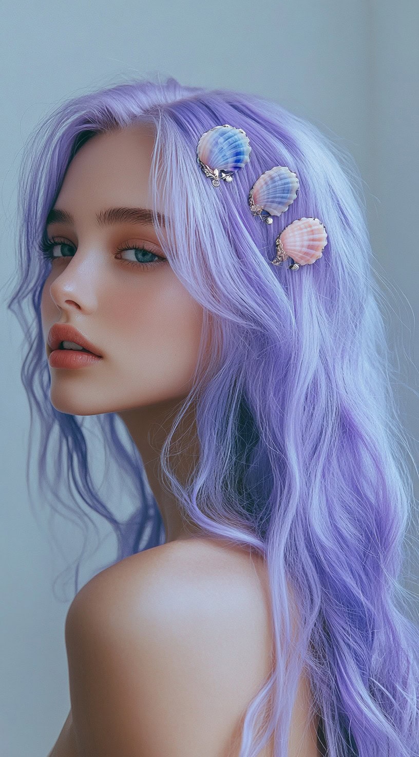 This image shows a person with long lavender hair, adorned with pastel-colored shell clips.