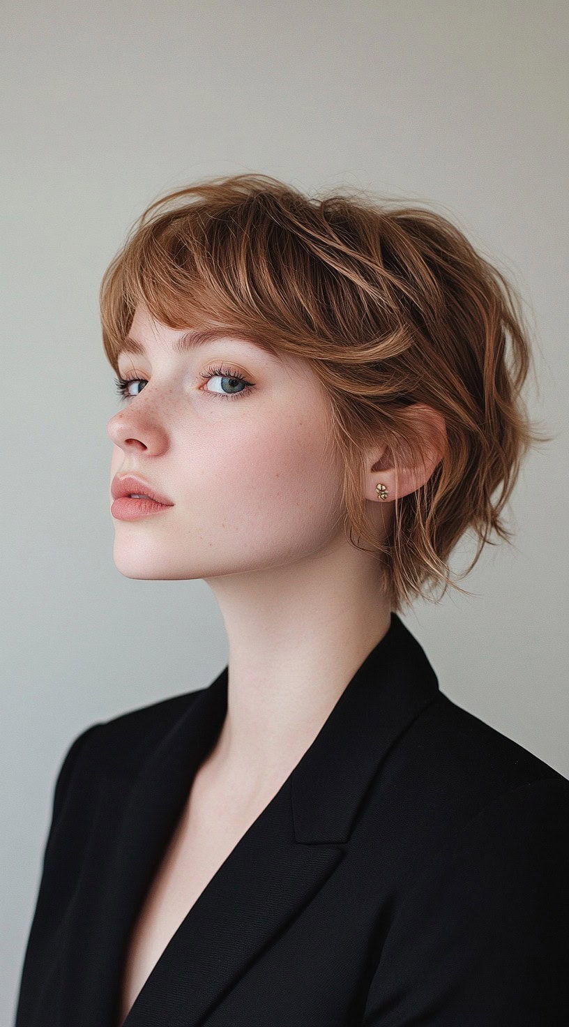 A woman with a layered pixie cut with soft bangs, wearing a black blazer, presenting a vibrant and youthful look.