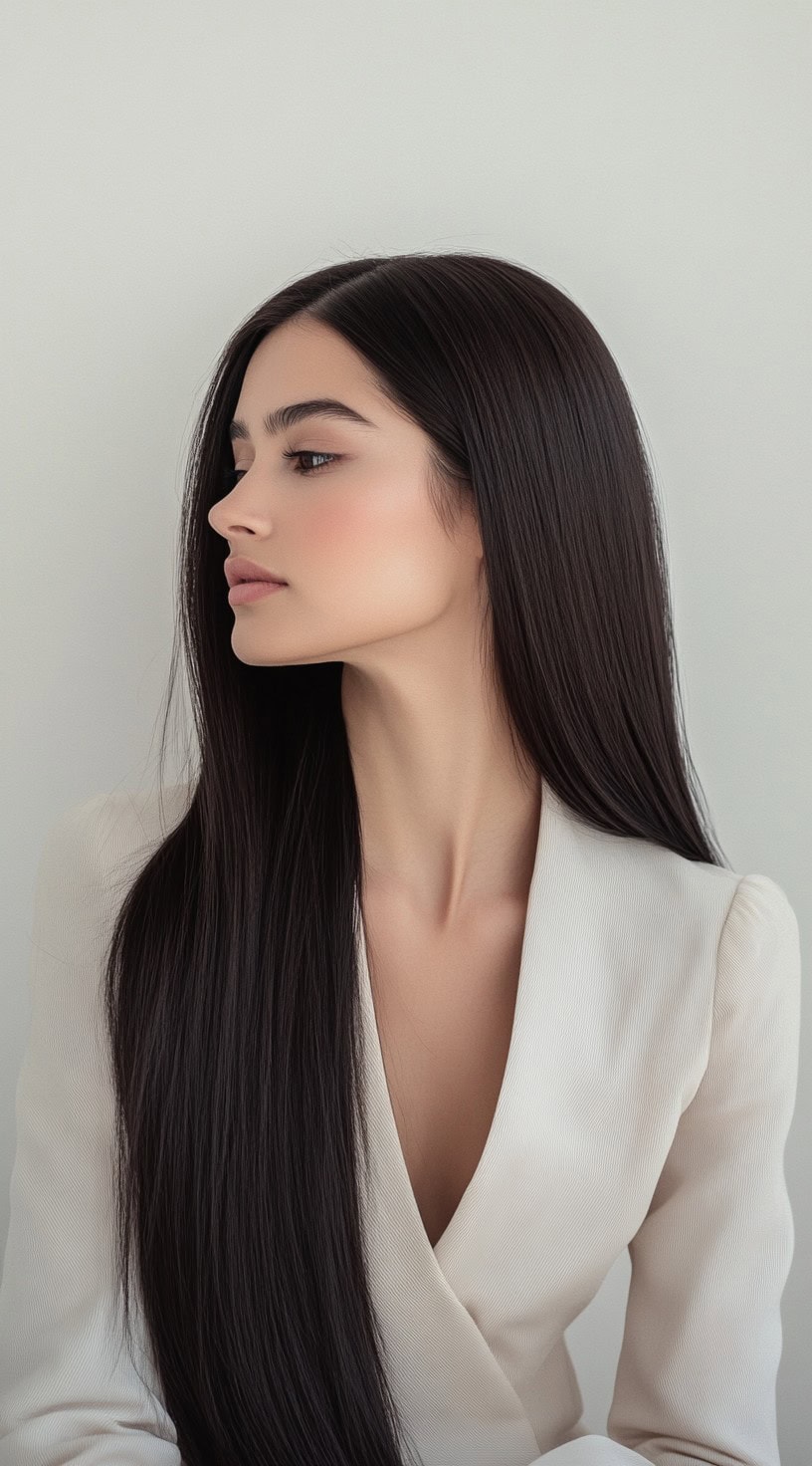 A profile view of a woman with long, straight hair and a center part, wearing a white blazer.