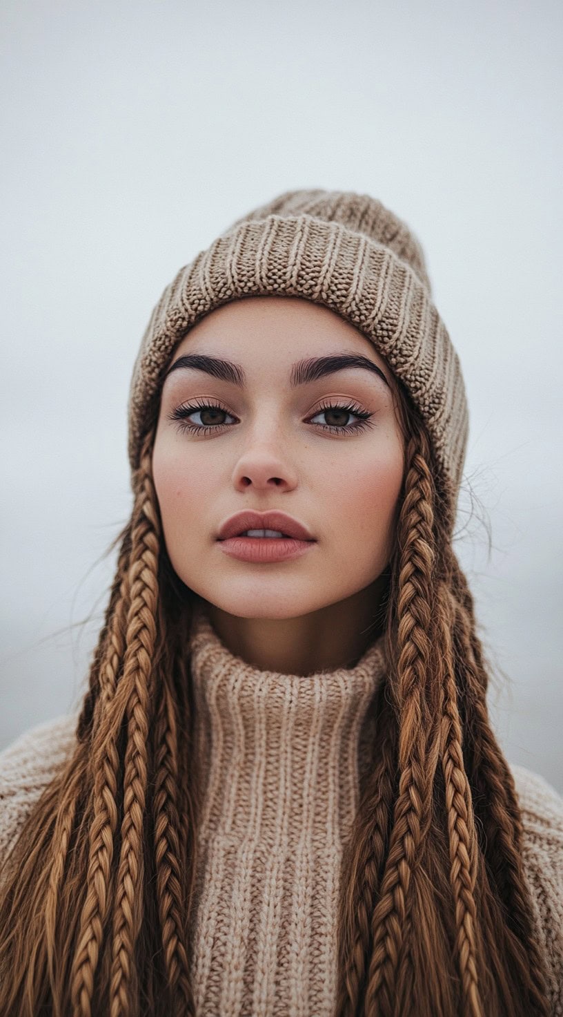 A young woman with long, thin braids cascading from under a beige beanie.