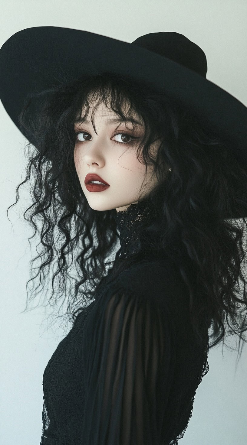 This photo shows a woman with long, curly hair with bangs, topped with a witch hat.