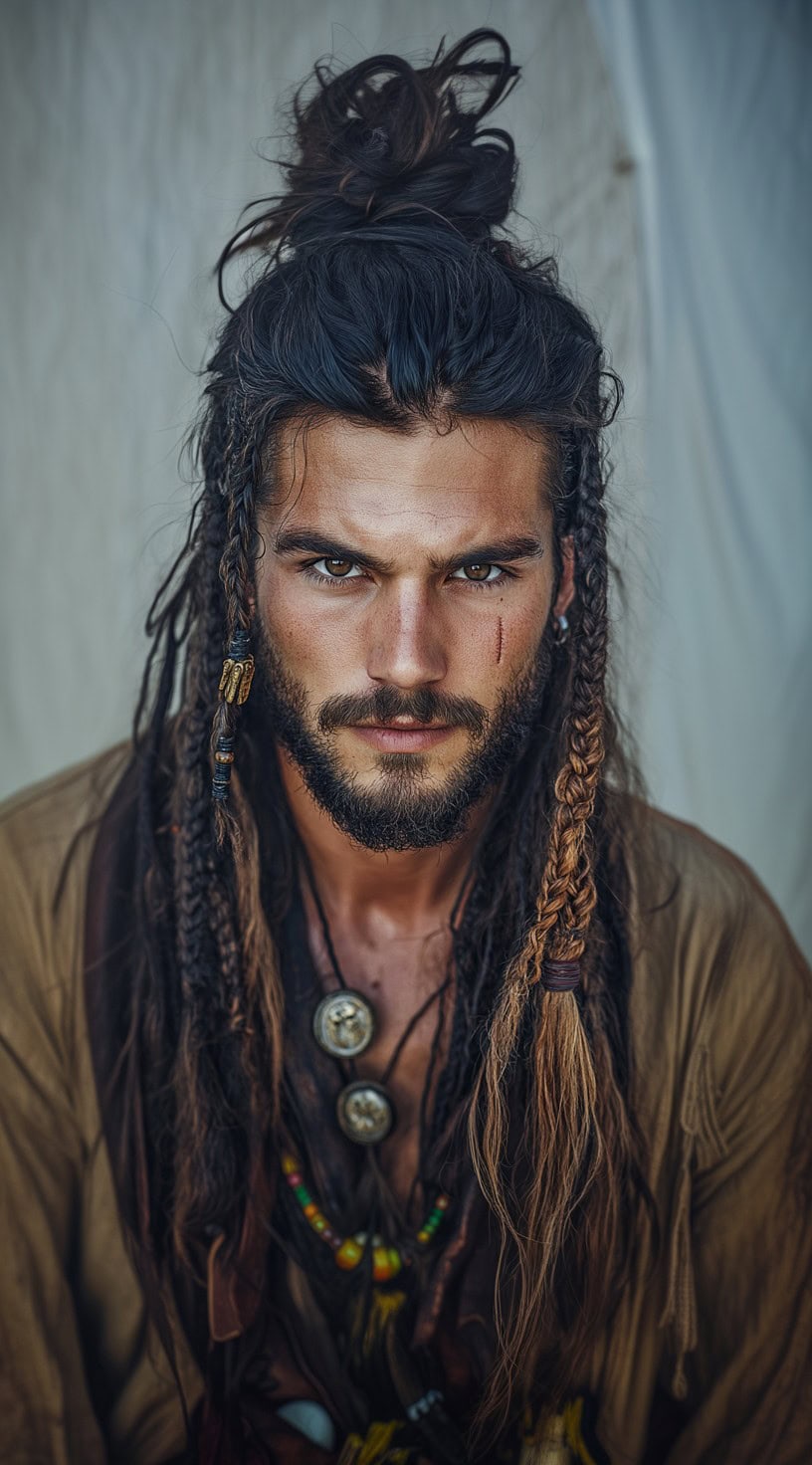 Man with long hair styled in a half-up half-down top knot, featuring multiple cascading braids with highlights.