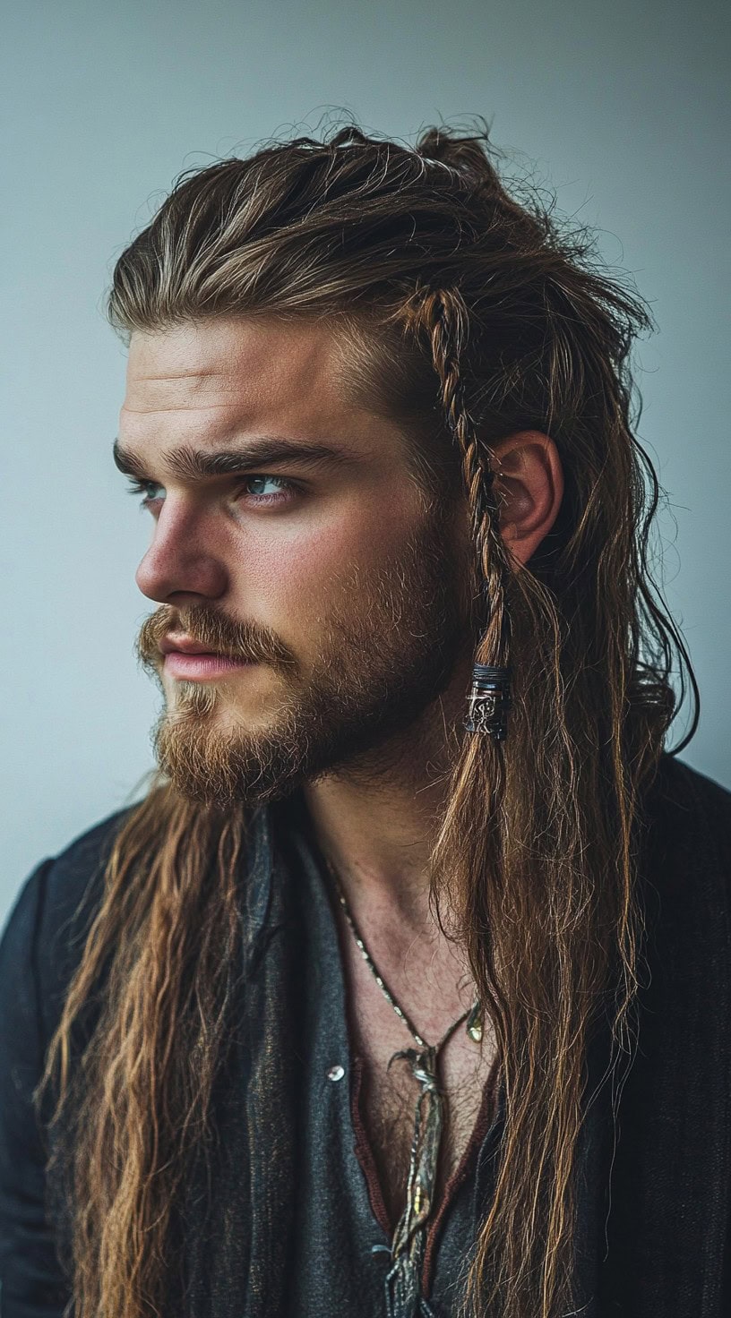 Man with long hair styled half-up half-down, featuring a few thin braids decorated with beads.