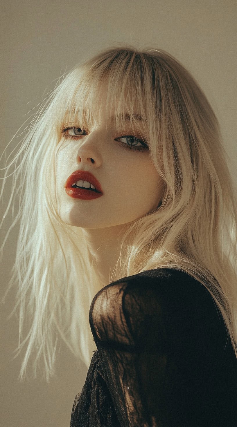 In the photo, a woman with long layered blonde hair and bangs gives an alluring look.