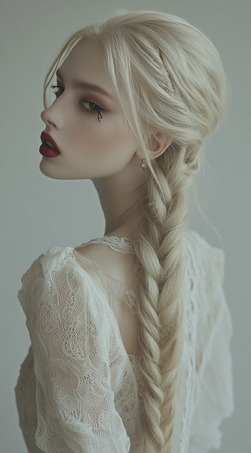 Side view of a woman with a long low braid and loose tendrils framing her face, styled with vampire makeup.