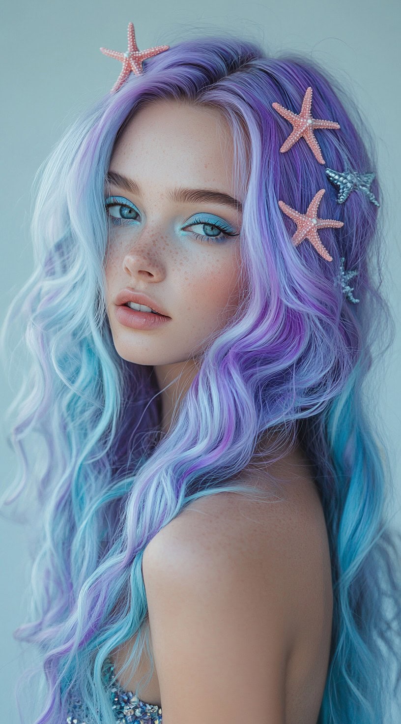 This image shows a person with long, wavy purple hair featuring turquoise highlights and adorned with starfish hair accessories.