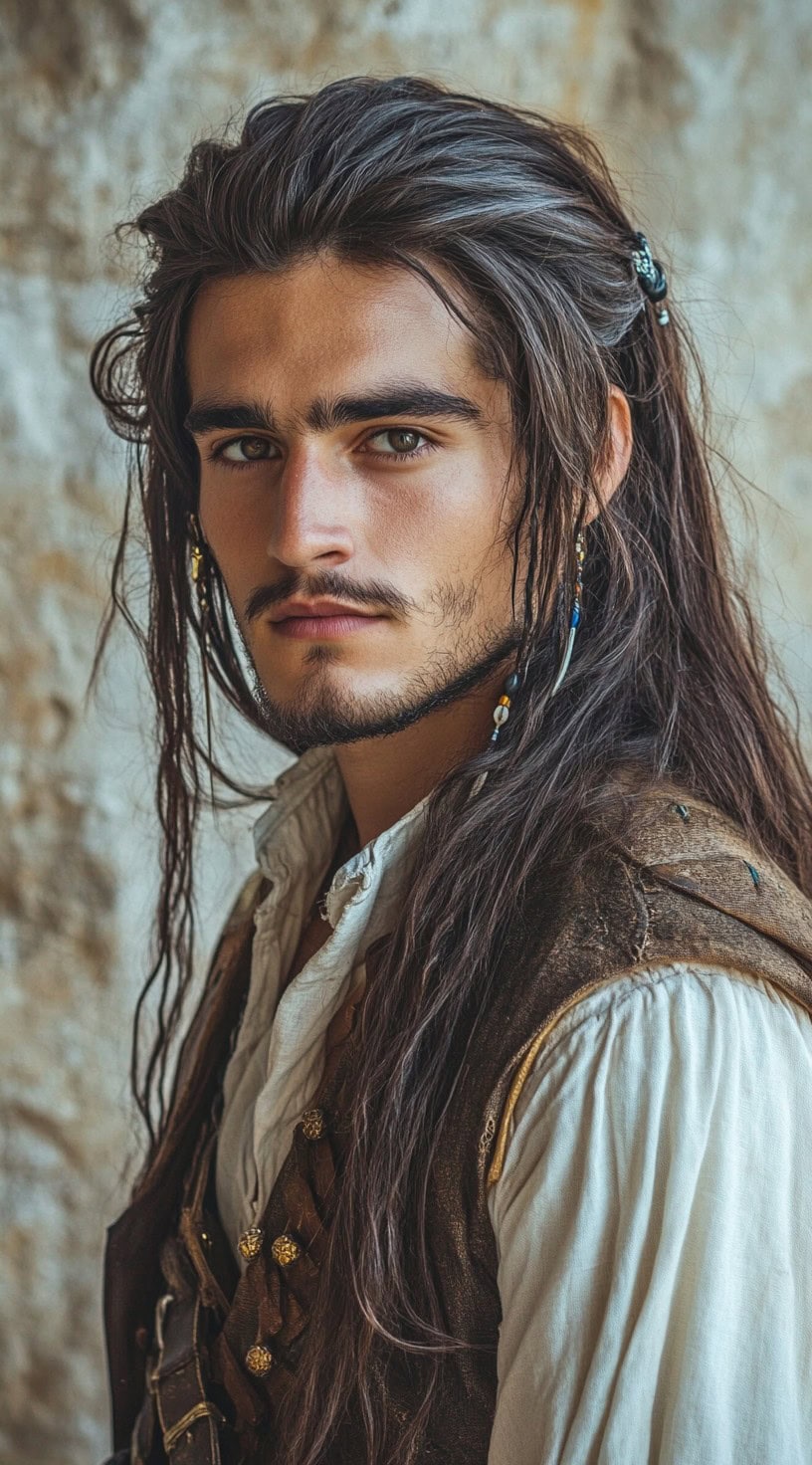 Man with long, dark hair pushed back and adorned with beads, wearing a pirate outfit.