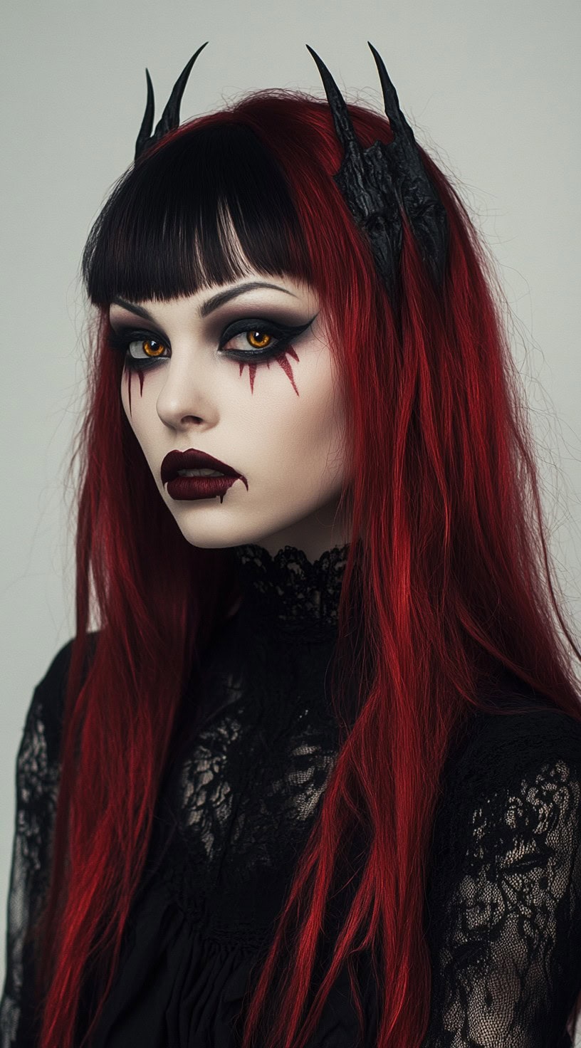 In the photo, a woman with long red hair, black highlights, and horn accessories gives a fierce look.