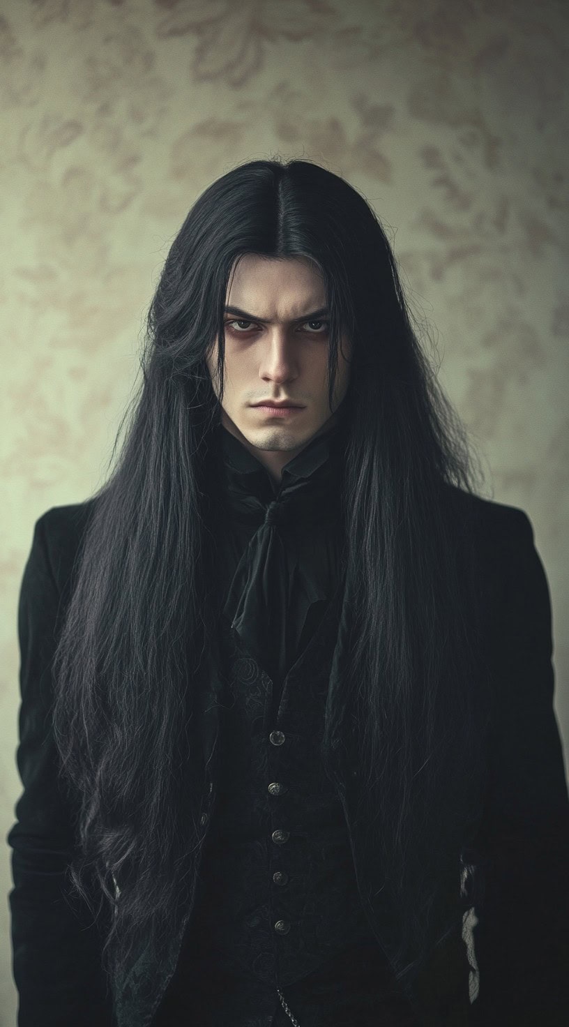 Front-facing shot of a man with long, straight black hair and a solemn expression.