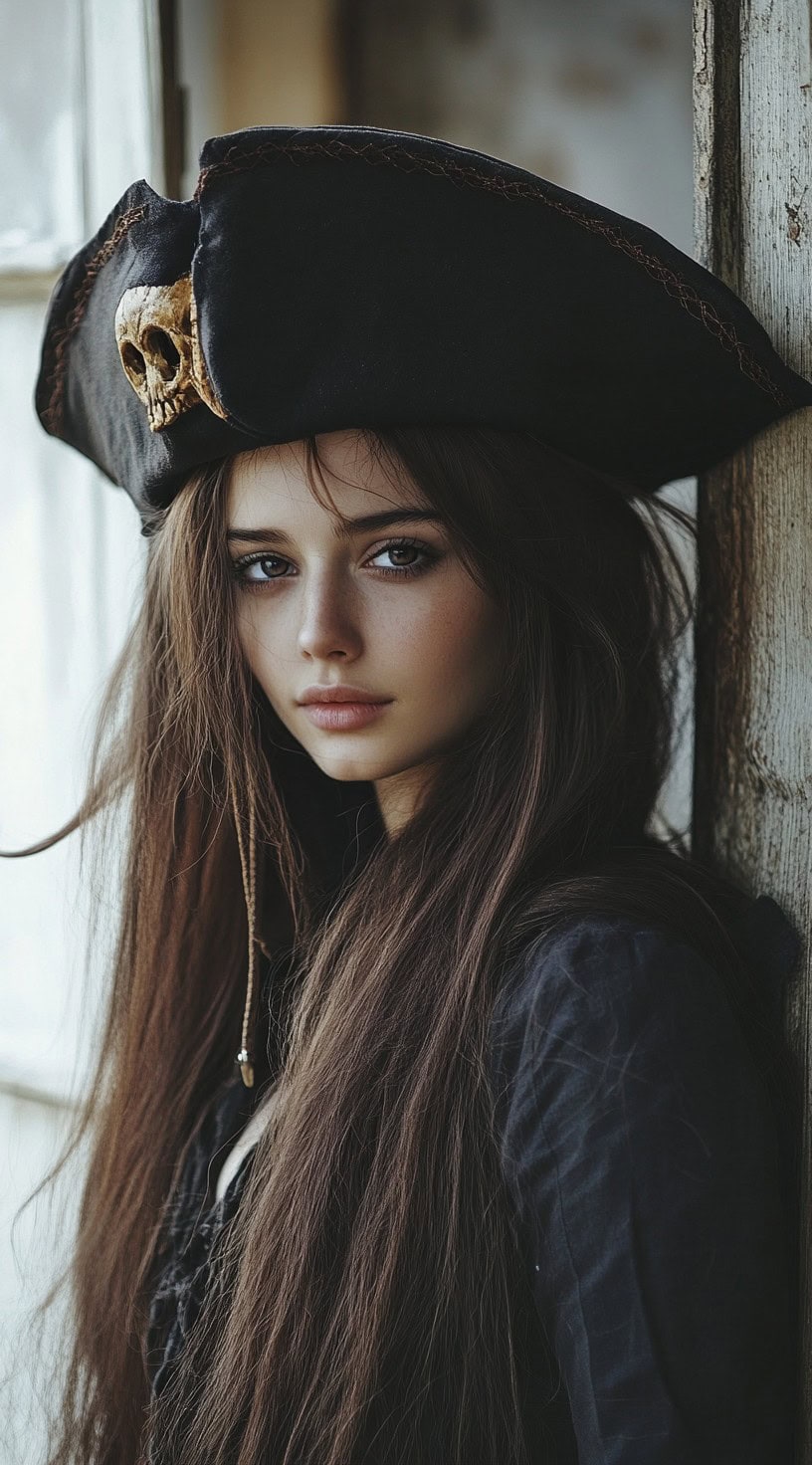 A woman with long, straight hair styled with volume, wearing a pirate hat.