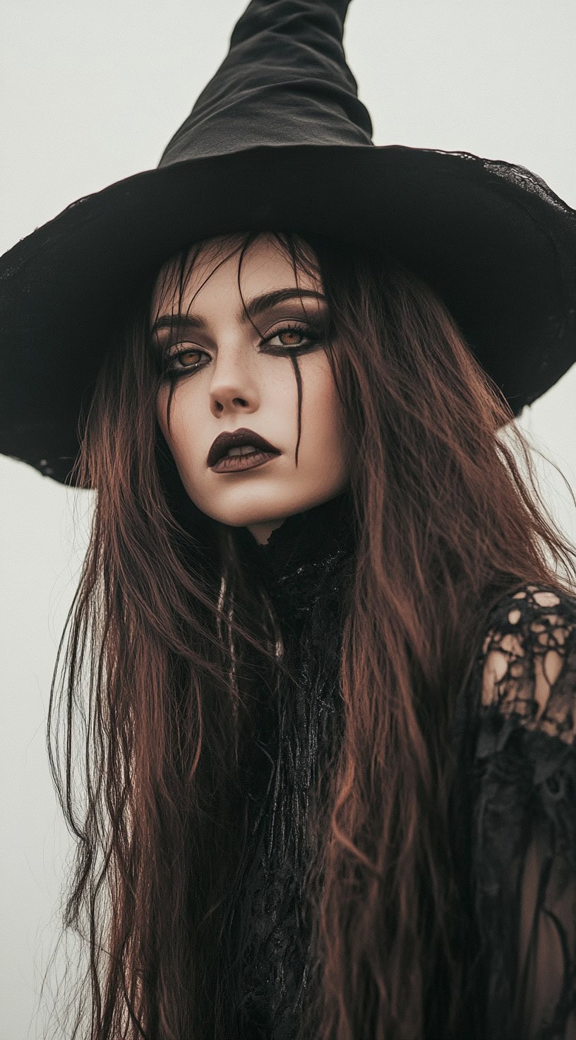 This photo depicts a woman with long, tousled layered hair and a witch hat.