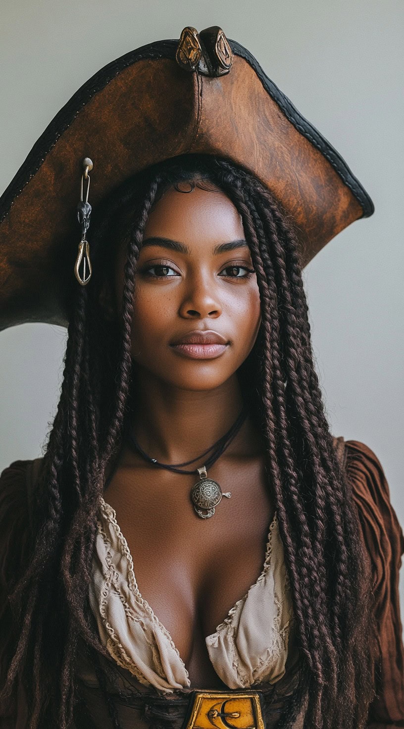 A woman with long twists styled under a large pirate hat.