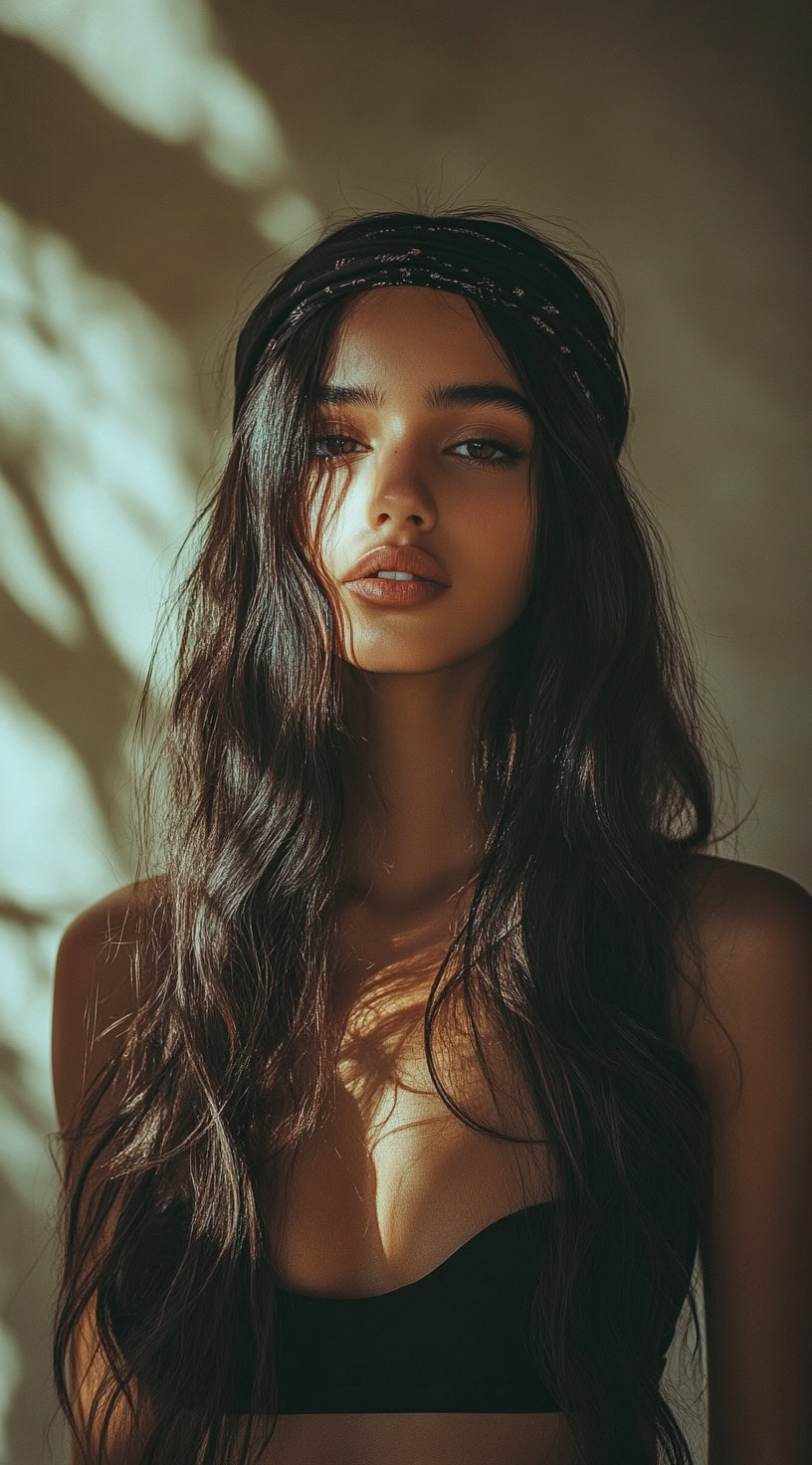 Side view of a woman with long, wavy hair and a dark patterned headband.