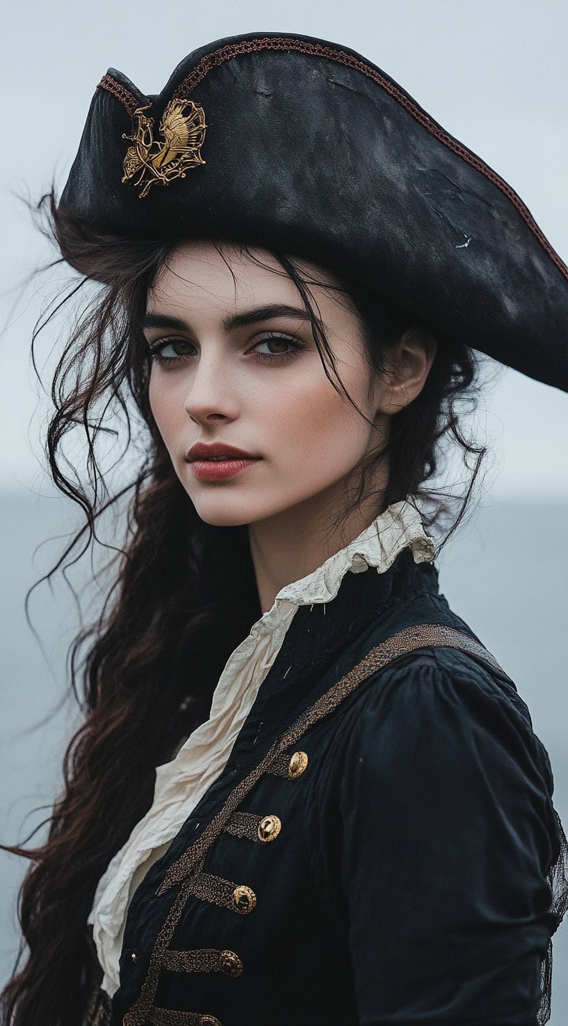 A woman with long, wavy hair styled to one side, wearing a pirate hat.