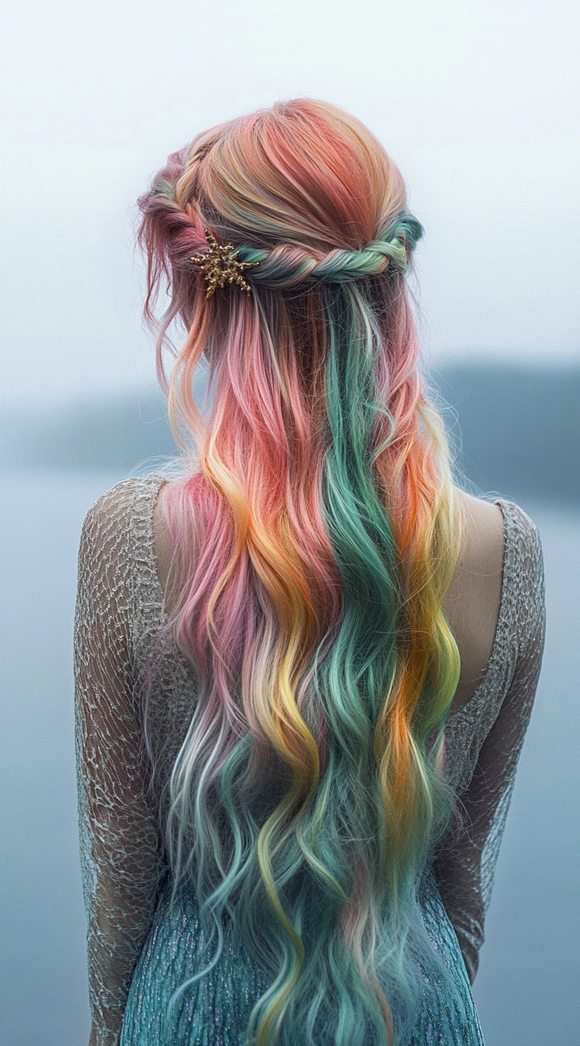 This image shows a person with long, wavy multicolored hair styled with a twisted or braided crown and adorned with sea-themed accessories.