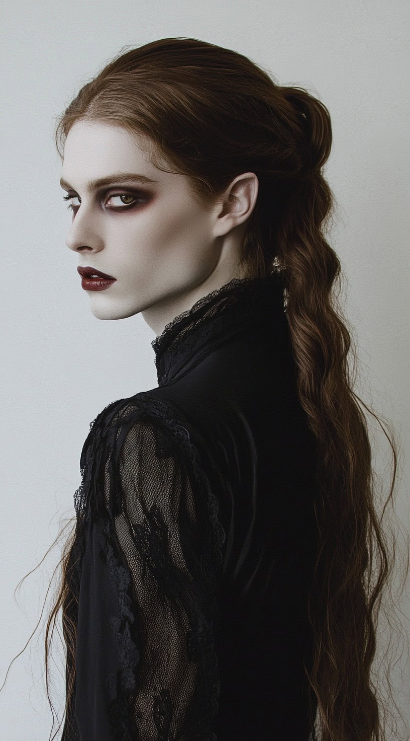 Side view of a woman with a long wavy ponytail and vampire makeup.