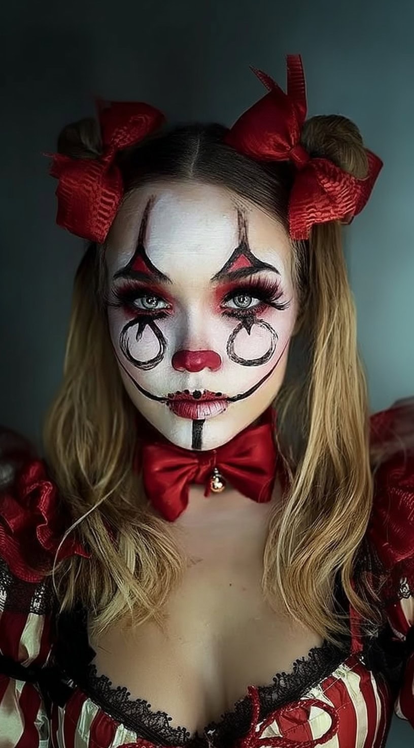 Person with two looped buns tied with red bows, soft wavy hair, and classic clown makeup with red and black details.