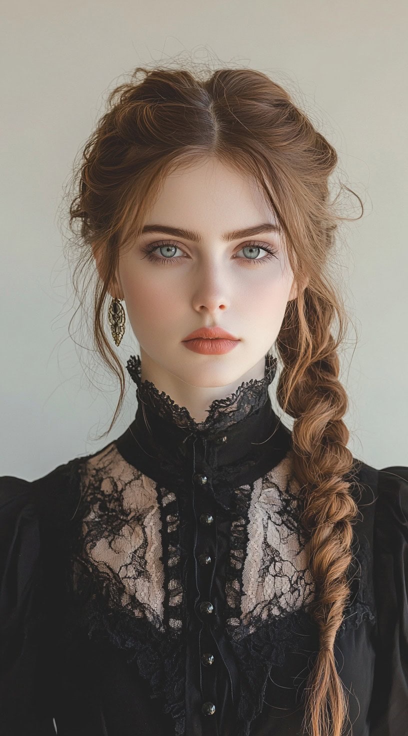 Front view of a woman with a loose braid and soft waves, styled with a vintage vampire look.