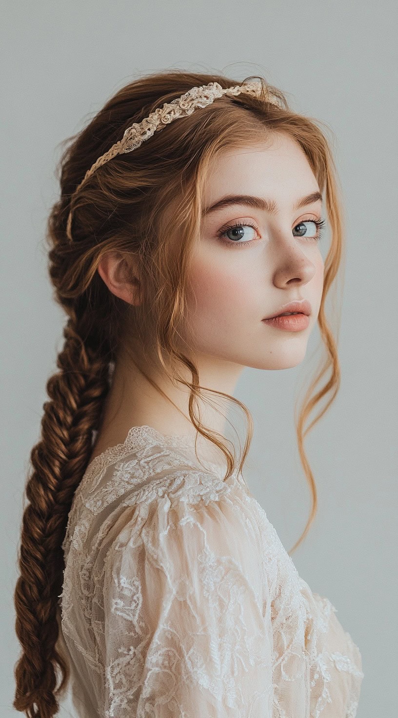 Side profile of a woman with a loose braided fishtail adorned with a lace headband, paired with a softly textured dress.