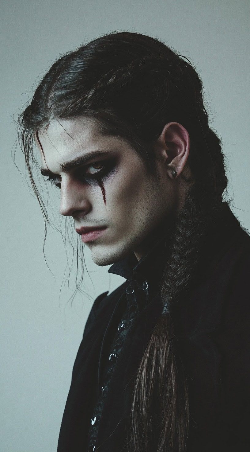 A vampire with loose braids and dark, gothic makeup.